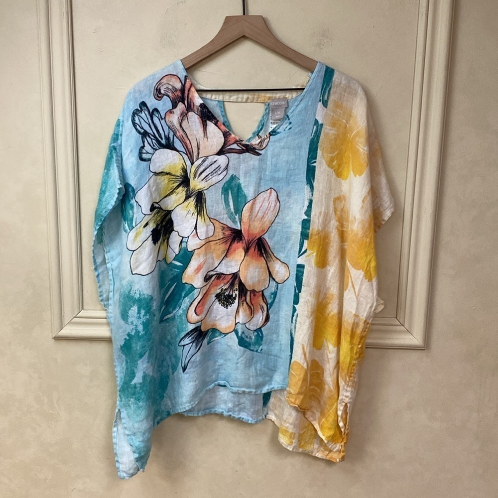 Chico’s Tropical Bloom-Print Linen Poncho - Picture 2 of 6